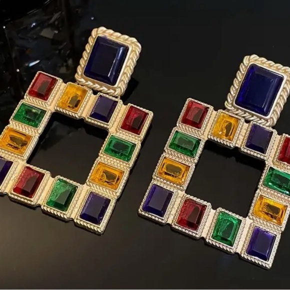 Zara Multicolored Square Gem Drop Earrings - Picture 8 of 15